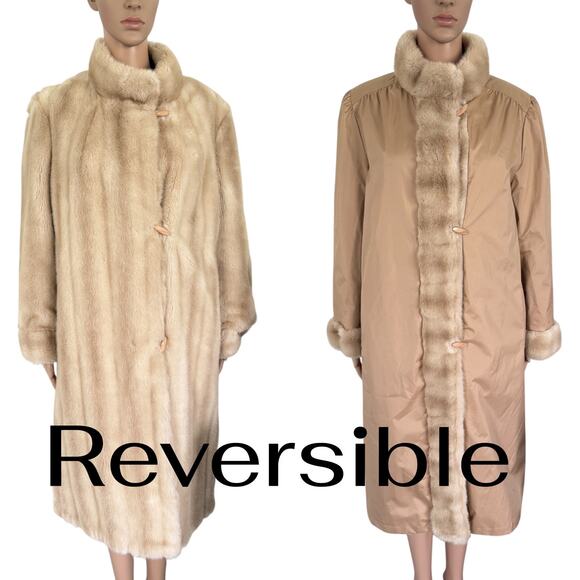 VTG Faux Mink Fur Reversible Coat 16 Mob Wife Euro Reversible Old Money Beige - Picture 1 of 9